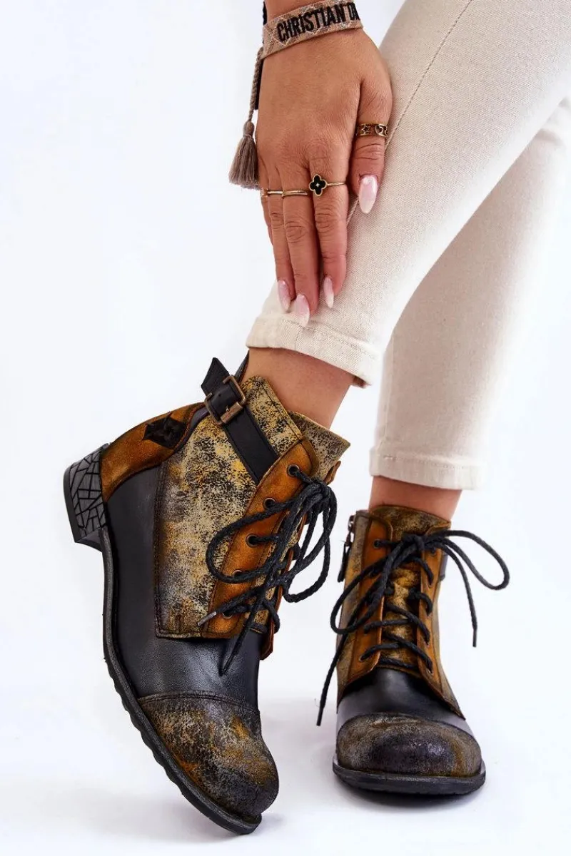 Botki Maciejka|Botki Sznurowane>Maciejka Damskie Skórzane Botki Trzewiki 05077-07 Żółto-Czarne