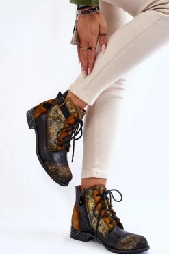 Botki Maciejka|Botki Sznurowane>Maciejka Damskie Skórzane Botki Trzewiki 05077-07 Żółto-Czarne