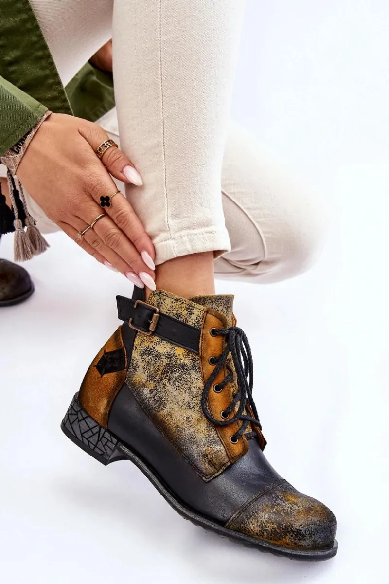 Botki Maciejka|Botki Sznurowane>Maciejka Damskie Skórzane Botki Trzewiki 05077-07 Żółto-Czarne