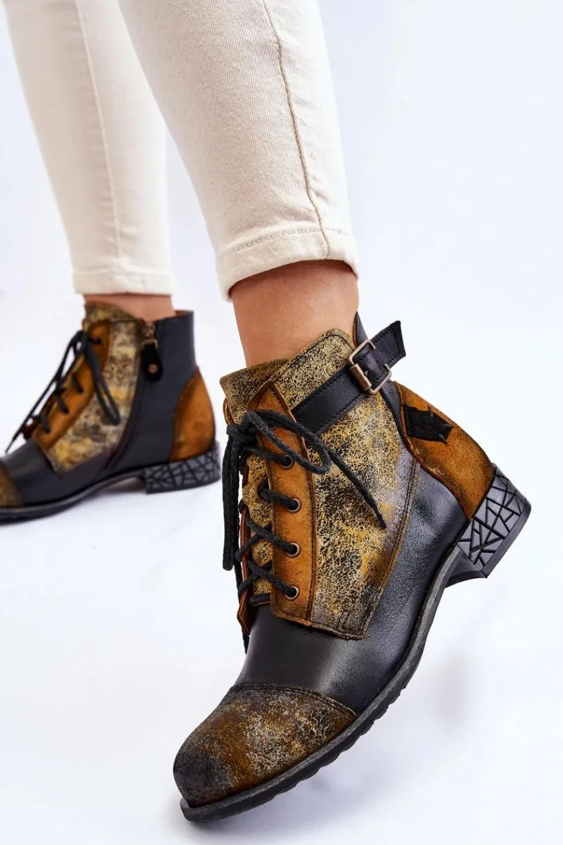 Botki Maciejka|Botki Sznurowane>Maciejka Damskie Skórzane Botki Trzewiki 05077-07 Żółto-Czarne