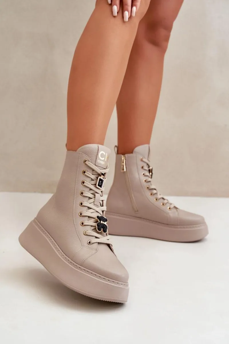 Outlet Damskie Skórzane Botki Workery Z Przypinkami Beżowe 4294 Damskie Damskie Trapery|Botki Skórzane