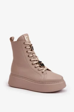 Outlet Damskie Skórzane Botki Workery Z Przypinkami Beżowe 4294 Damskie Damskie Trapery|Botki Skórzane