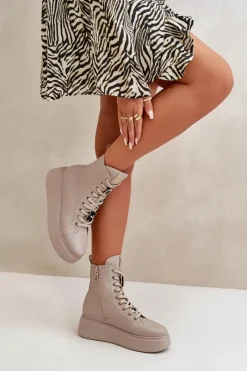 Outlet Damskie Skórzane Botki Workery Z Przypinkami Beżowe 4294 Damskie Damskie Trapery|Botki Skórzane