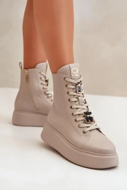 Outlet Damskie Skórzane Botki Workery Z Przypinkami Beżowe 4294 Damskie Damskie Trapery|Botki Skórzane