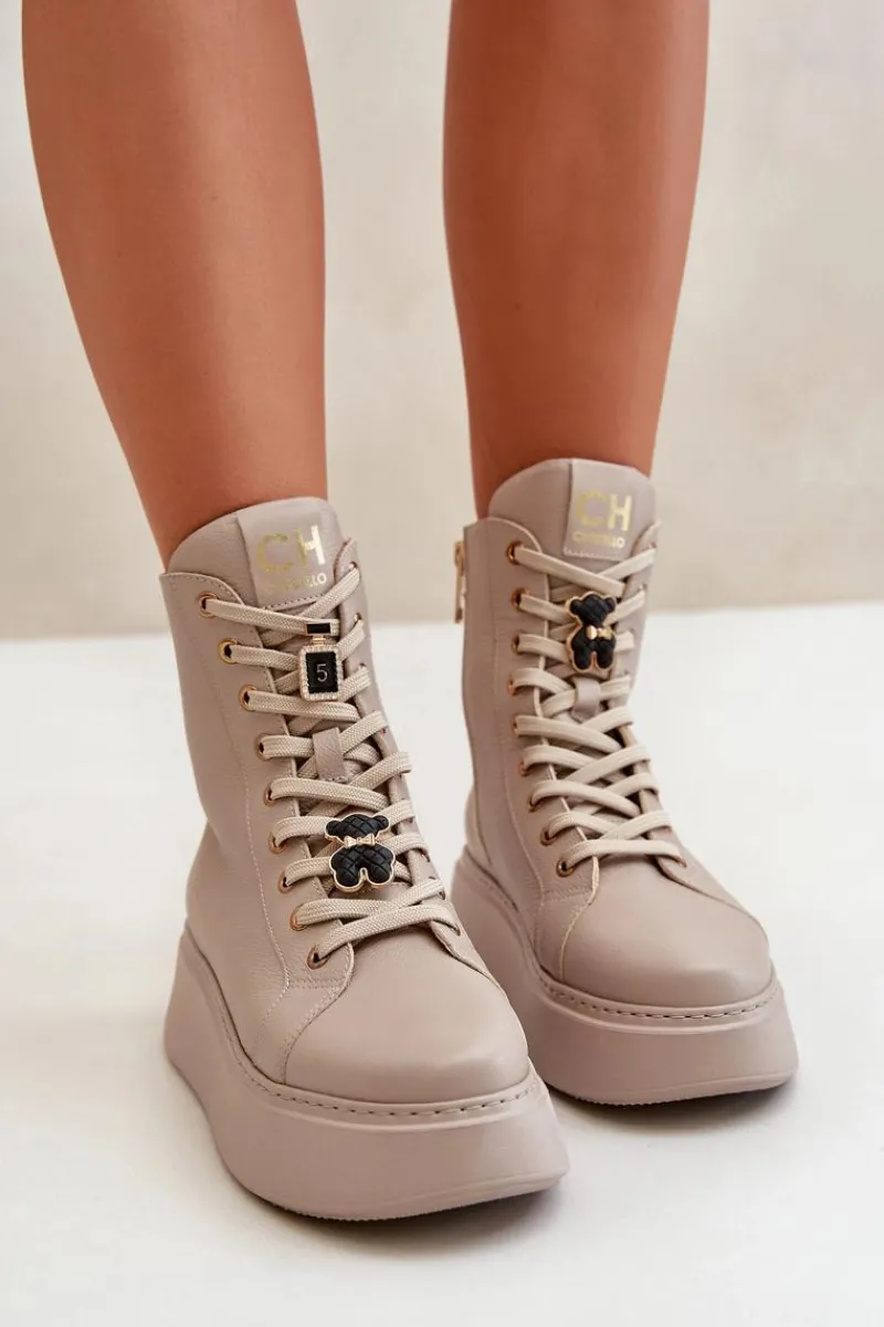 Outlet Damskie Skórzane Botki Workery Z Przypinkami Beżowe 4294 Damskie Damskie Trapery|Botki Skórzane