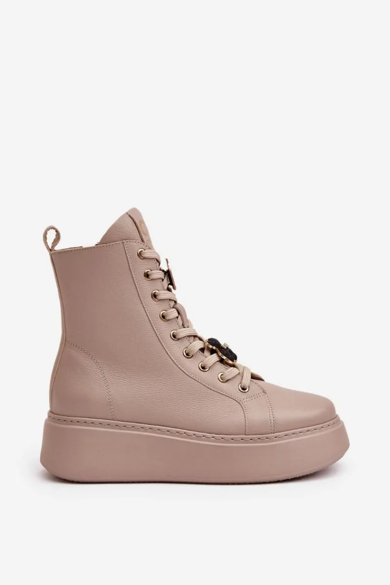 Outlet Damskie Skórzane Botki Workery Z Przypinkami Beżowe 4294 Damskie Damskie Trapery|Botki Skórzane