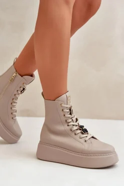 Outlet Damskie Skórzane Botki Workery Z Przypinkami Beżowe 4294 Damskie Damskie Trapery|Botki Skórzane