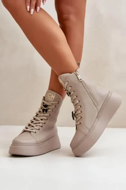 Outlet Damskie Skórzane Botki Workery Z Przypinkami Beżowe 4294 Damskie Damskie Trapery|Botki Skórzane