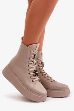 Outlet Damskie Skórzane Botki Workery Z Przypinkami Beżowe 4294 Damskie Damskie Trapery|Botki Skórzane