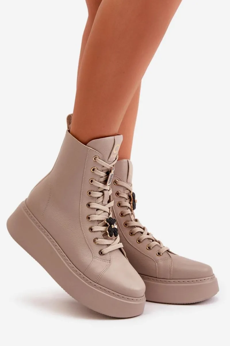 Outlet Damskie Skórzane Botki Workery Z Przypinkami Beżowe 4294 Damskie Damskie Trapery|Botki Skórzane