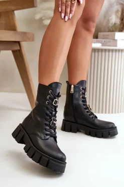 Damskie Trapery|Botki Skórzane>CheBello Damskie Skórzane Botki Workery Z Przypinkami 4247 Czarne