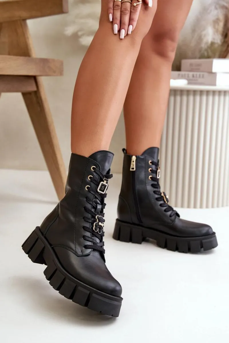 Damskie Trapery|Botki Skórzane>CheBello Damskie Skórzane Botki Workery Z Przypinkami 4247 Czarne