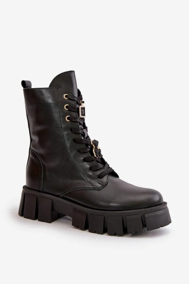 Damskie Trapery|Botki Skórzane>CheBello Damskie Skórzane Botki Workery Z Przypinkami 4247 Czarne