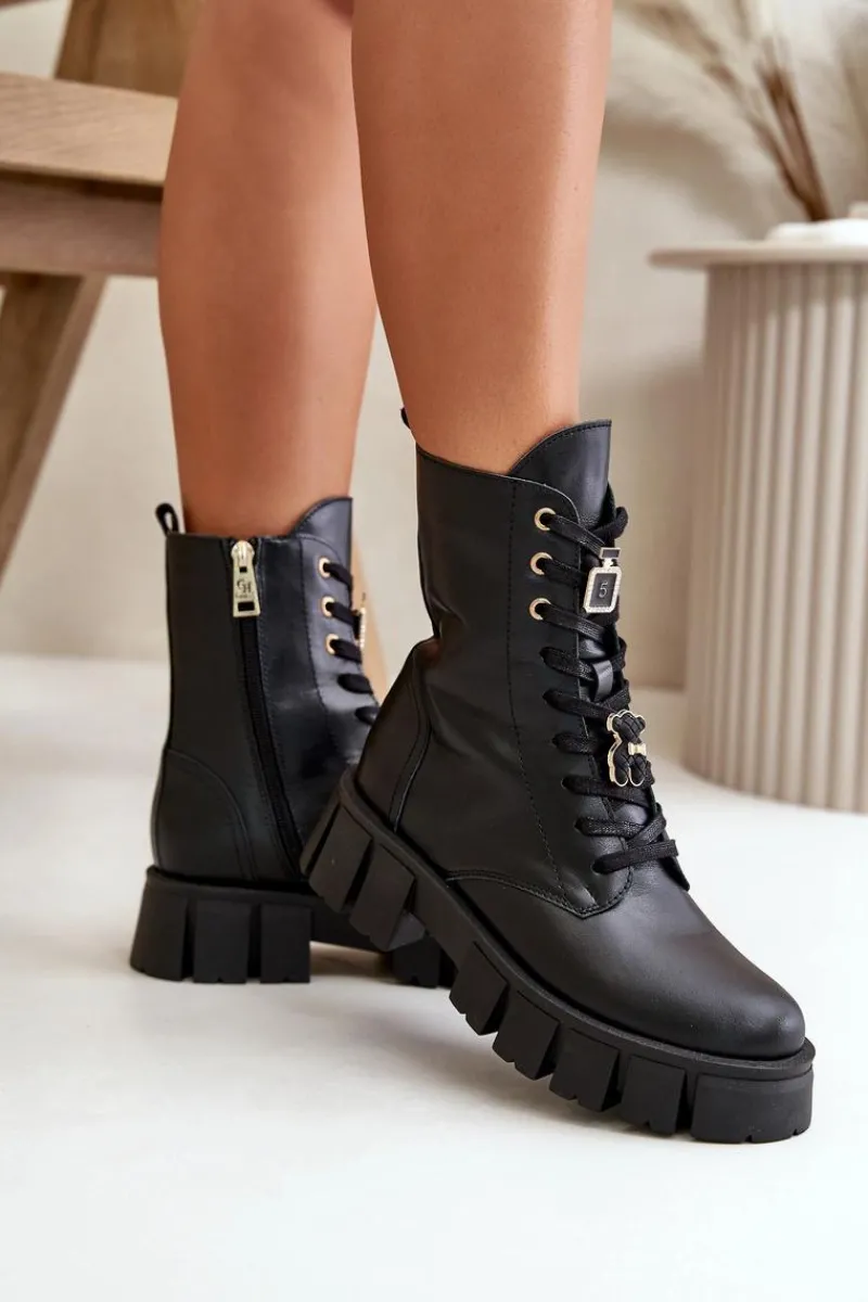 Damskie Trapery|Botki Skórzane>CheBello Damskie Skórzane Botki Workery Z Przypinkami 4247 Czarne