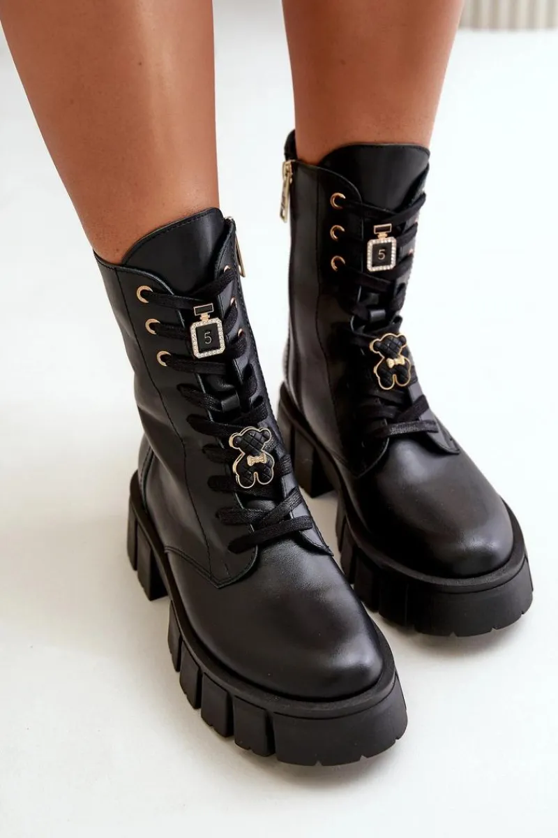 Damskie Trapery|Botki Skórzane>CheBello Damskie Skórzane Botki Workery Z Przypinkami 4247 Czarne
