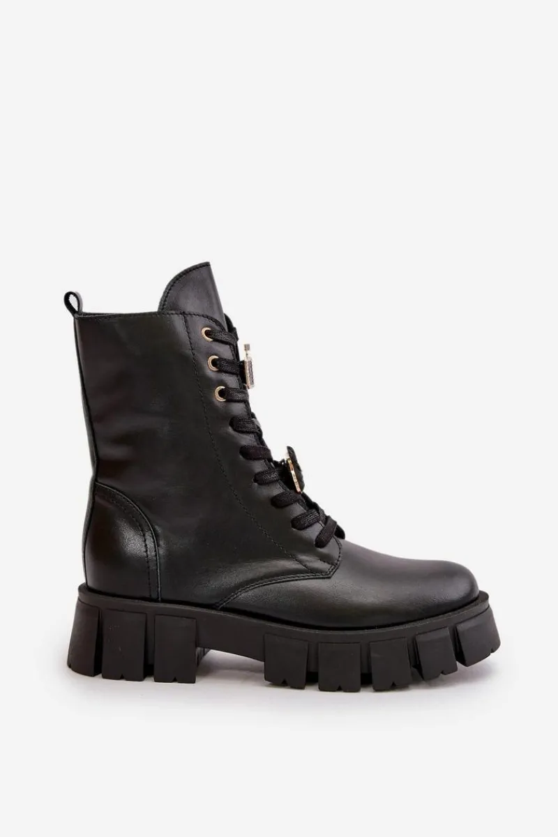 Damskie Trapery|Botki Skórzane>CheBello Damskie Skórzane Botki Workery Z Przypinkami 4247 Czarne