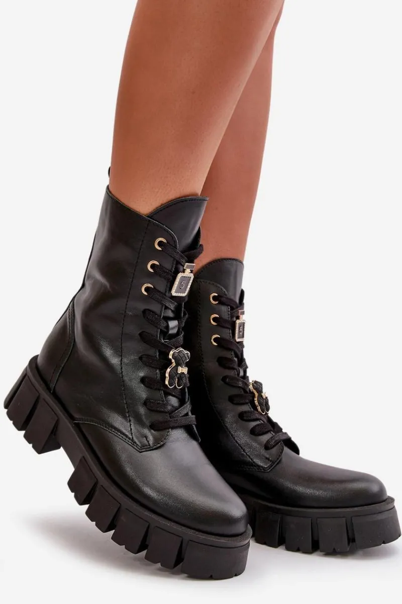 Damskie Trapery|Botki Skórzane>CheBello Damskie Skórzane Botki Workery Z Przypinkami 4247 Czarne