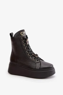 New CheBello Damskie Skórzane Botki Workery Z Przypinkami Czarne 4294