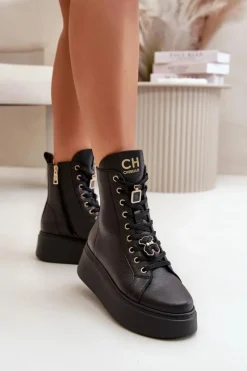 New CheBello Damskie Skórzane Botki Workery Z Przypinkami Czarne 4294