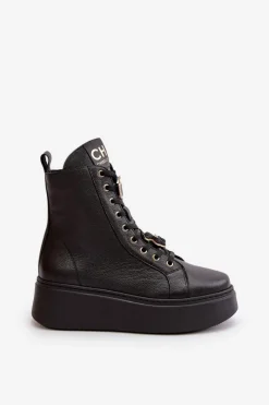 New CheBello Damskie Skórzane Botki Workery Z Przypinkami Czarne 4294