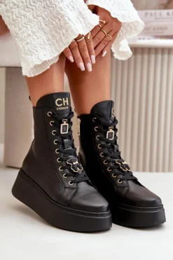 New CheBello Damskie Skórzane Botki Workery Z Przypinkami Czarne 4294