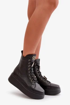 New CheBello Damskie Skórzane Botki Workery Z Przypinkami Czarne 4294