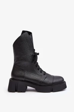 Best Zazoo Damskie Skórzane Botki Workery Na Masywnym Płaskim Obcasie 976A Czarne