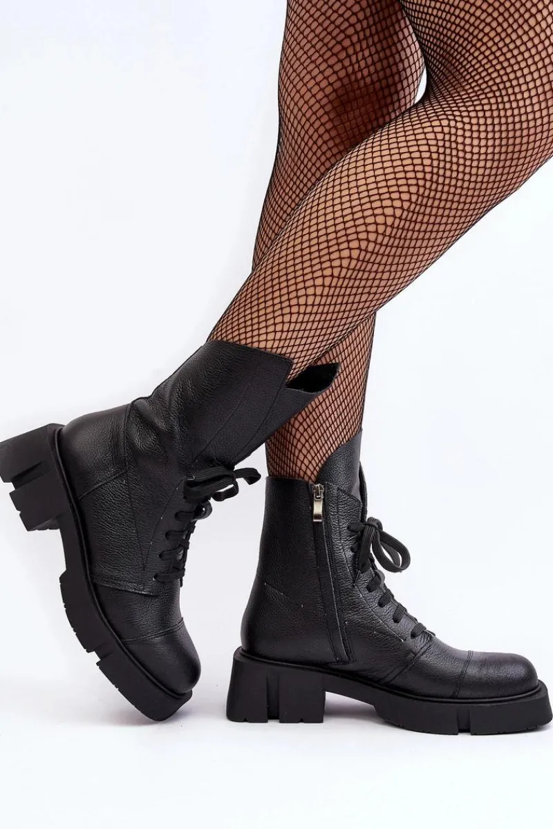 Best Zazoo Damskie Skórzane Botki Workery Na Masywnym Płaskim Obcasie 976A Czarne