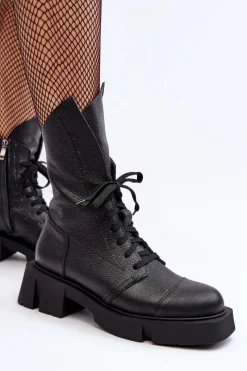 Best Zazoo Damskie Skórzane Botki Workery Na Masywnym Płaskim Obcasie 976A Czarne