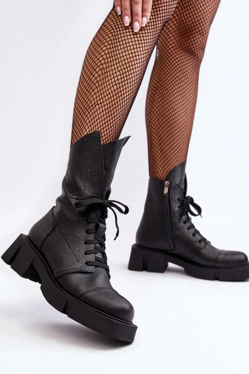 Best Zazoo Damskie Skórzane Botki Workery Na Masywnym Płaskim Obcasie 976A Czarne