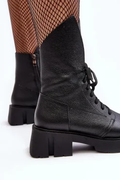 Best Zazoo Damskie Skórzane Botki Workery Na Masywnym Płaskim Obcasie 976A Czarne