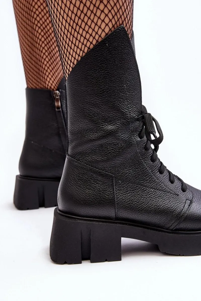 Best Zazoo Damskie Skórzane Botki Workery Na Masywnym Płaskim Obcasie 976A Czarne