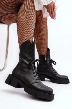 Best Zazoo Damskie Skórzane Botki Workery Na Masywnym Płaskim Obcasie 976A Czarne