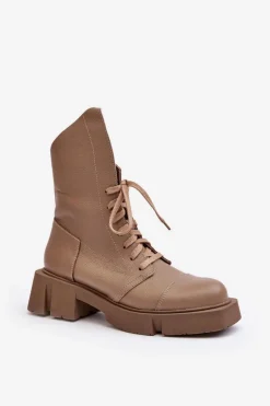 Hot Damskie Skórzane Botki Workery Na Masywnym Płaskim Obcasie 976A Ciemnobeżowe Damskie Botki Skórzane|Botki Sznurowane