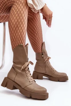 Hot Damskie Skórzane Botki Workery Na Masywnym Płaskim Obcasie 976A Ciemnobeżowe Damskie Botki Skórzane|Botki Sznurowane