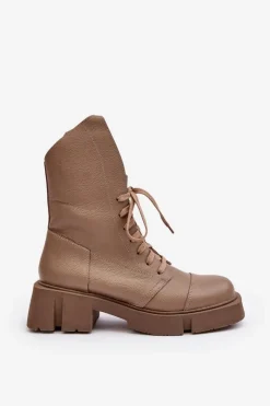 Hot Damskie Skórzane Botki Workery Na Masywnym Płaskim Obcasie 976A Ciemnobeżowe Damskie Botki Skórzane|Botki Sznurowane