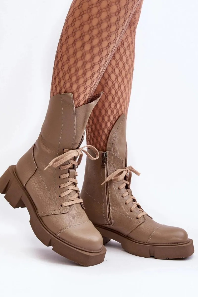 Hot Damskie Skórzane Botki Workery Na Masywnym Płaskim Obcasie 976A Ciemnobeżowe Damskie Botki Skórzane|Botki Sznurowane