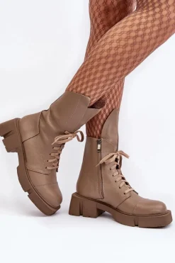 Hot Damskie Skórzane Botki Workery Na Masywnym Płaskim Obcasie 976A Ciemnobeżowe Damskie Botki Skórzane|Botki Sznurowane