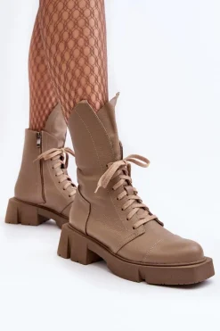 Hot Damskie Skórzane Botki Workery Na Masywnym Płaskim Obcasie 976A Ciemnobeżowe Damskie Botki Skórzane|Botki Sznurowane
