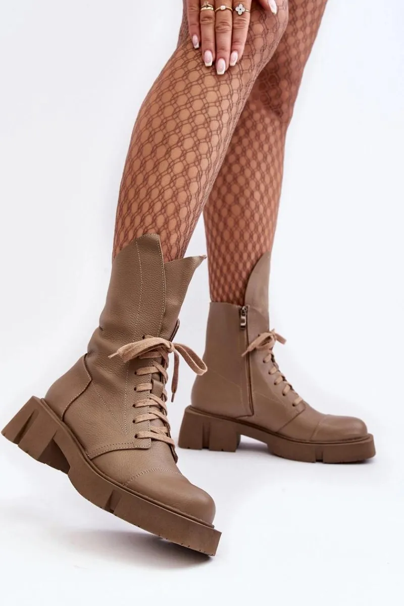 Hot Damskie Skórzane Botki Workery Na Masywnym Płaskim Obcasie 976A Ciemnobeżowe Damskie Botki Skórzane|Botki Sznurowane