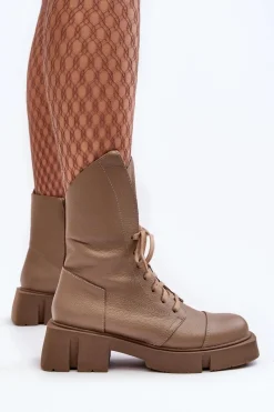 Hot Damskie Skórzane Botki Workery Na Masywnym Płaskim Obcasie 976A Ciemnobeżowe Damskie Botki Skórzane|Botki Sznurowane