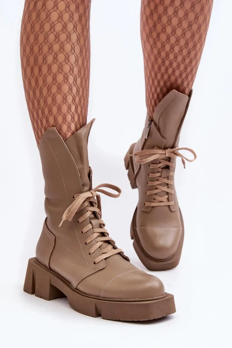 Hot Damskie Skórzane Botki Workery Na Masywnym Płaskim Obcasie 976A Ciemnobeżowe Damskie Botki Skórzane|Botki Sznurowane