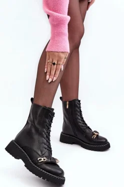Botki Ocieplane|Botki Sznurowane>Damskie buty S.Barski Damskie Skórzane Botki Workery Z Ozdobą Czarne S.Barski MR870-68 Czarny