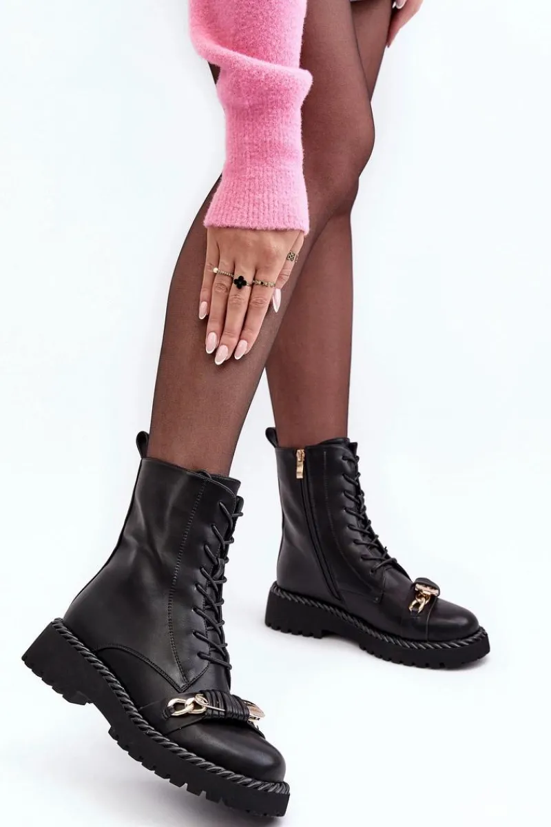 Botki Ocieplane|Botki Sznurowane>Damskie buty S.Barski Damskie Skórzane Botki Workery Z Ozdobą Czarne S.Barski MR870-68 Czarny