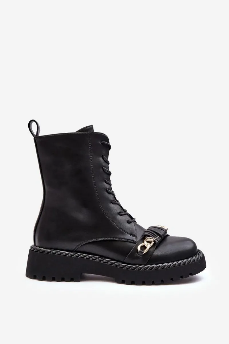 Botki Ocieplane|Botki Sznurowane>Damskie buty S.Barski Damskie Skórzane Botki Workery Z Ozdobą Czarne S.Barski MR870-68 Czarny