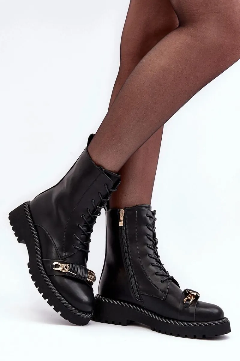 Botki Ocieplane|Botki Sznurowane>Damskie buty S.Barski Damskie Skórzane Botki Workery Z Ozdobą Czarne S.Barski MR870-68 Czarny