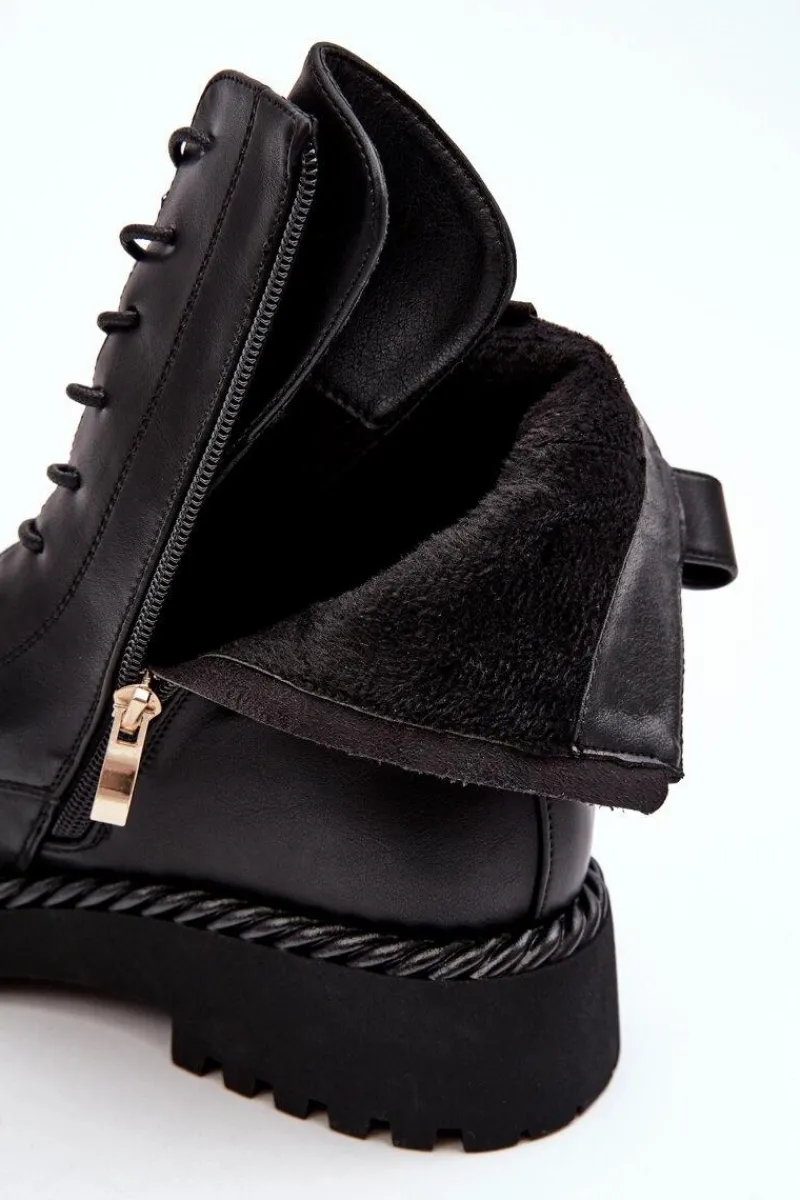 Botki Ocieplane|Botki Sznurowane>Damskie buty S.Barski Damskie Skórzane Botki Workery Z Ozdobą Czarne S.Barski MR870-68 Czarny