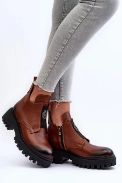 Best Boto Damskie Skórzane Botki Z Ozdobą Brązowe Lemar Lusanna