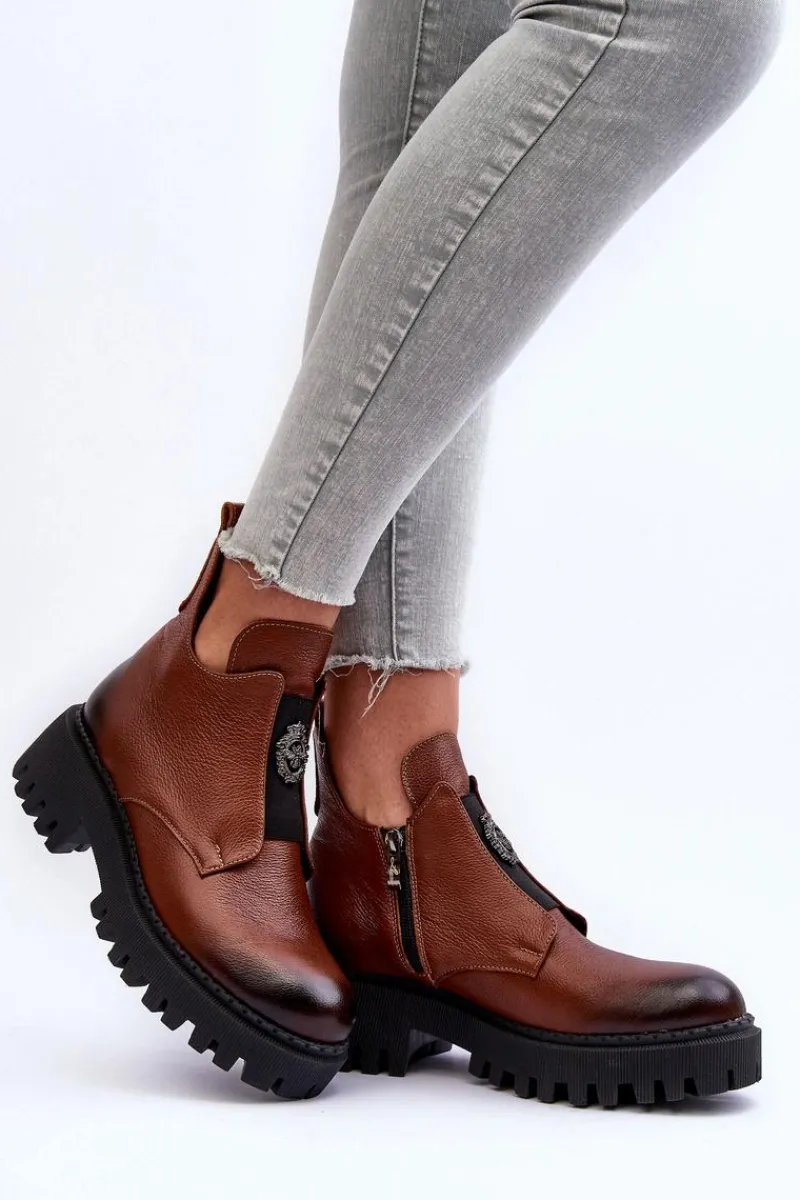 Best Boto Damskie Skórzane Botki Z Ozdobą Brązowe Lemar Lusanna