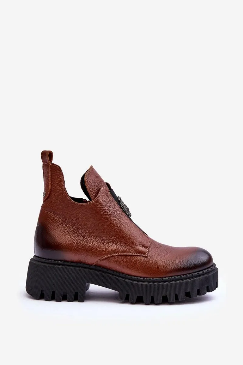 Best Boto Damskie Skórzane Botki Z Ozdobą Brązowe Lemar Lusanna